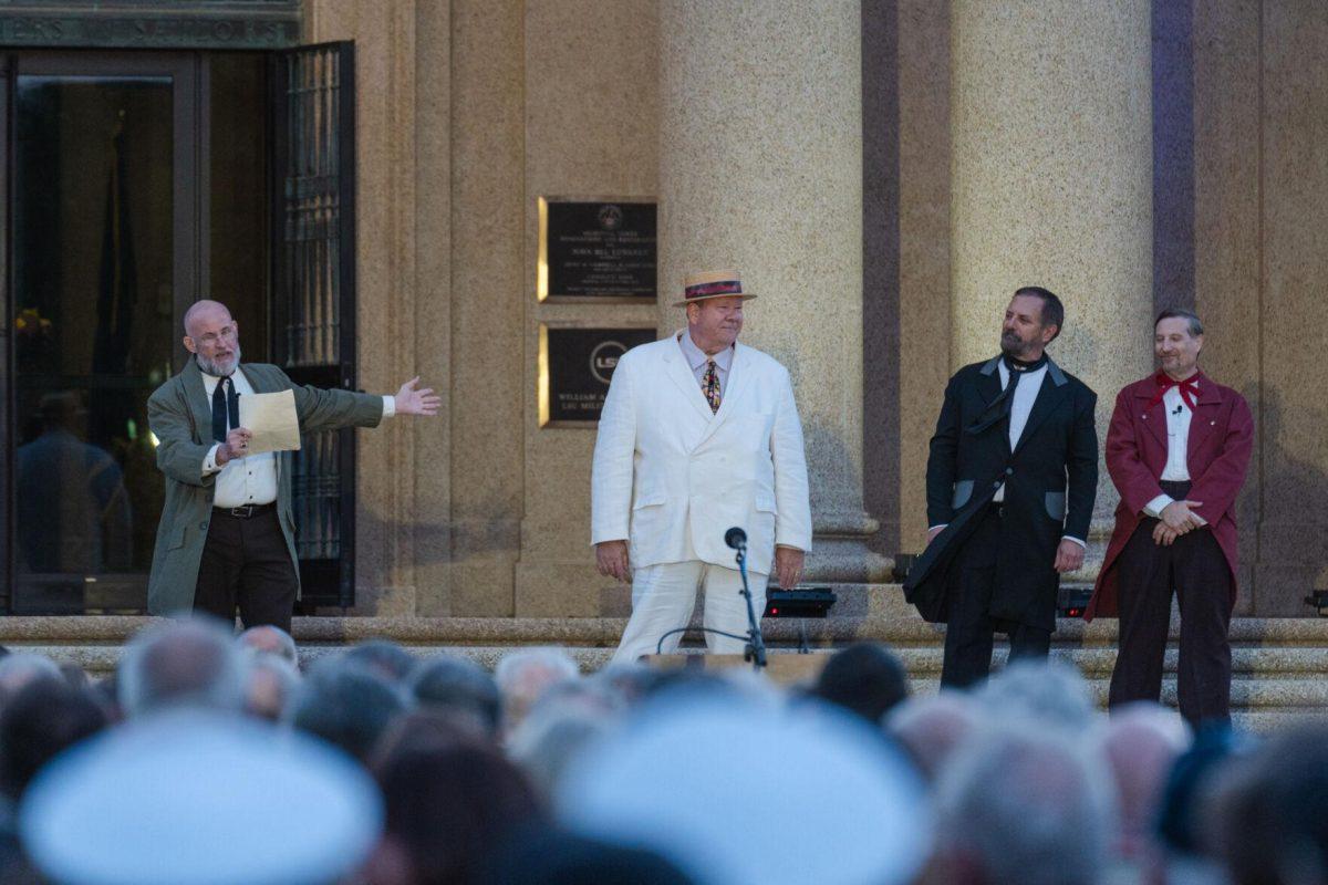 A small skit occurs at the event on Thursday, April 7, 2022, during the LSU Memorial Tower Museum ceremony on Tower Drive in Baton Rouge, La.