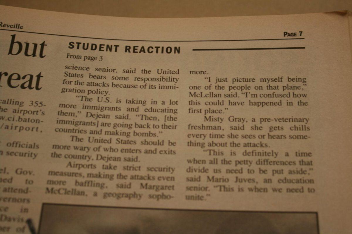 Second part of an article detailing the student reaction to the attack of the World Trade Center, published in the Sept. 12, 2001, issue of the Reveille.