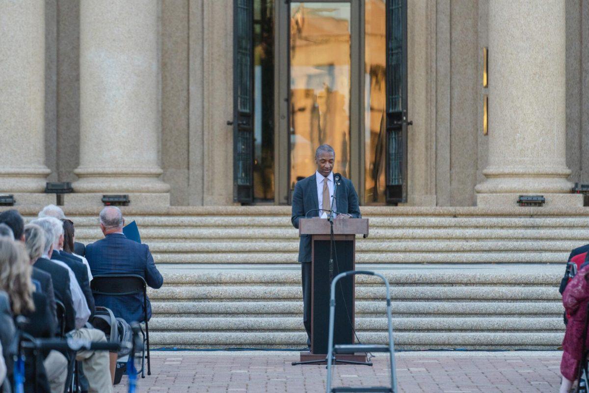 President Tate speaks on Thursday, April 7, 2022, during the LSU Memorial Tower Museum ceremony on Tower Drive in Baton Rouge, La.