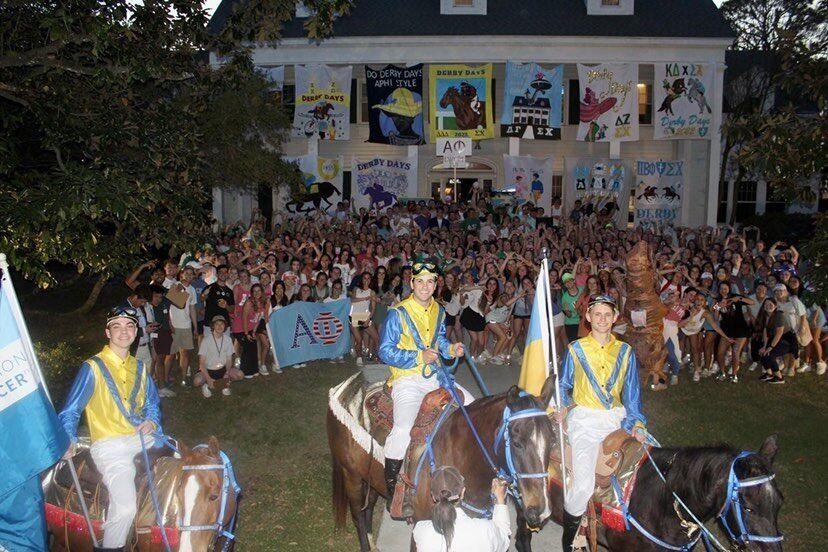 Sigma Chi leaders sit atop horses at the opening ceremony for Steve Carter Memorial Derby Days, March 28th.