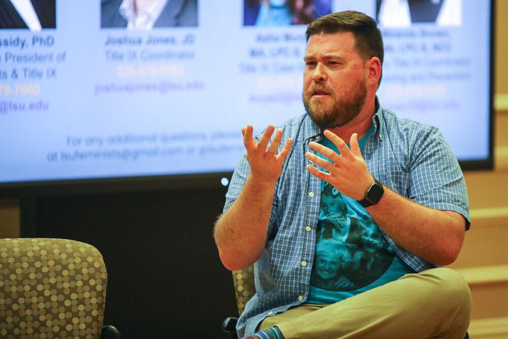 Title IX Coordinator Joshua Jones answers a question during a round table discussion involving students and the Title IX Office Tuesday, April 5, 2022, in the Student Union on LSU&#8217;s campus.