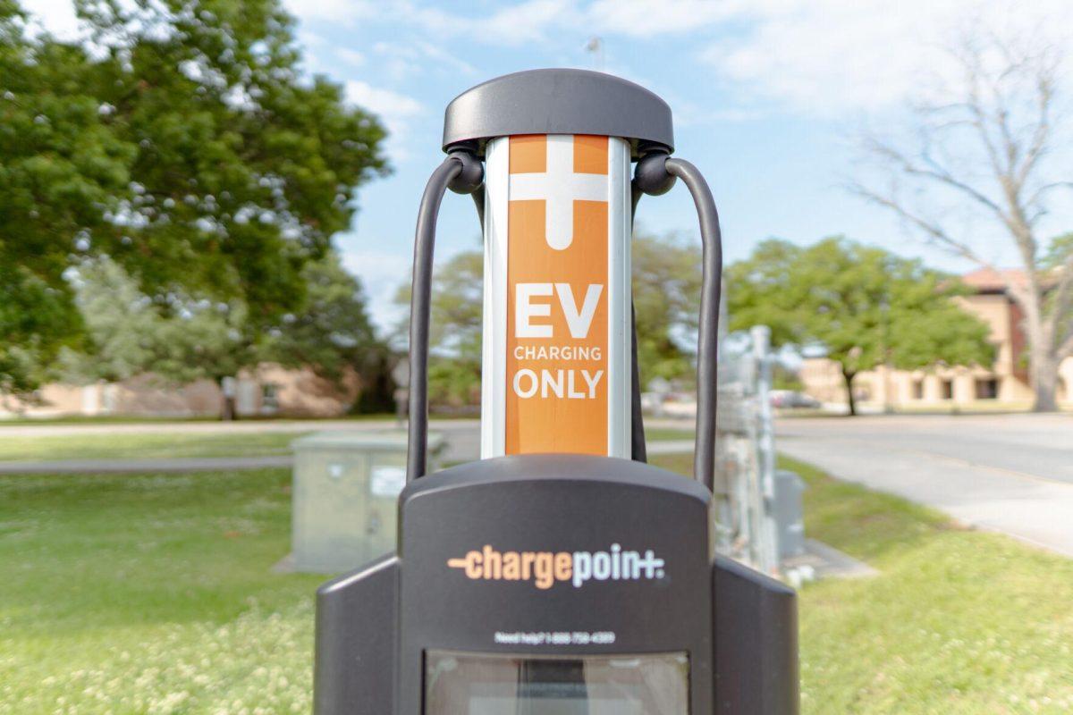 An electric vehicle charging station sits on Sunday, April 17, 2022, in the South Quad Drive parking lot in Baton Rouge, La.