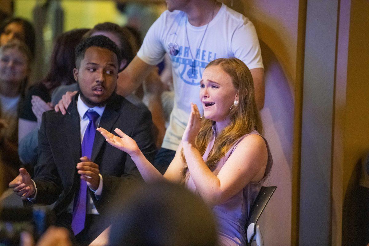 LSU Student Government President Lizzie Shaw and Vice President Nick St. Mary react to student government election results Monday, April 4, 2022, in the Live Oak Lounge on the first floor of the LSU Student Union in Baton Rouge, Louisiana.