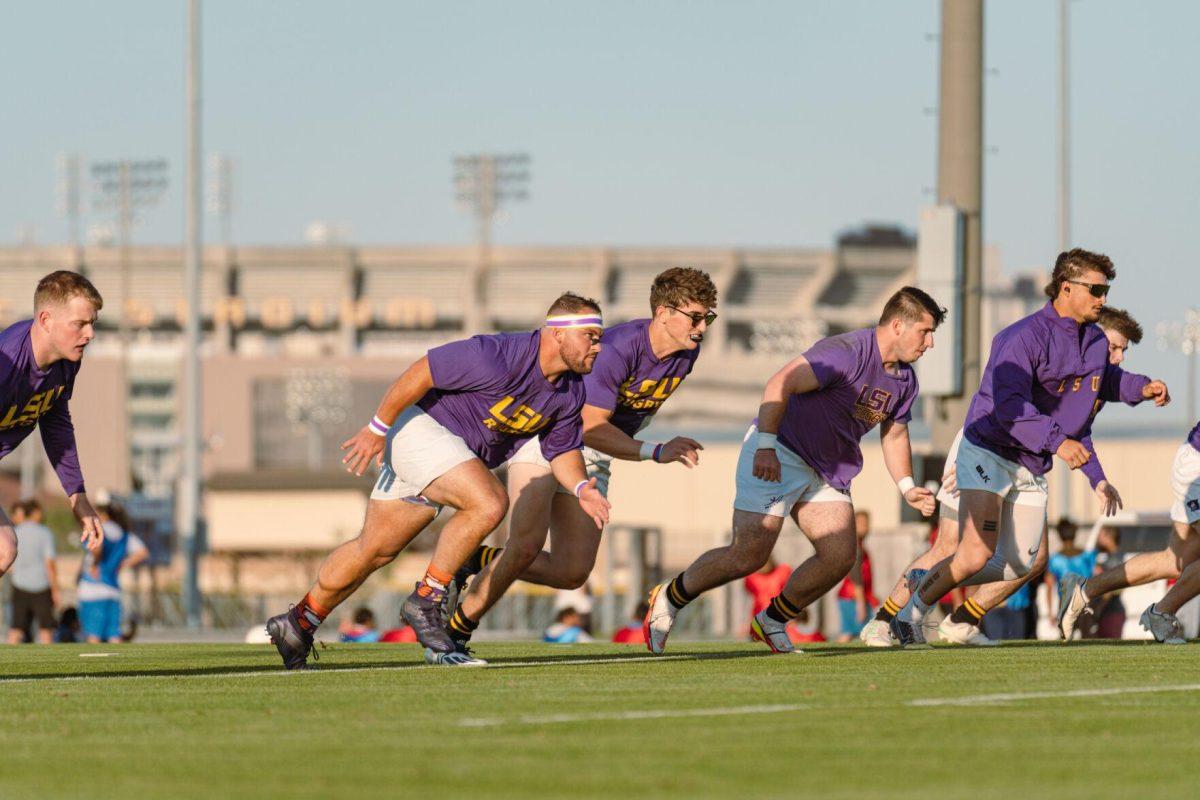 The LSU Rugby team warms up on Friday, April 8, 2022, prior to their match against Tulane at the UREC Fields on Gourrier Avenue in Baton Rouge, La.