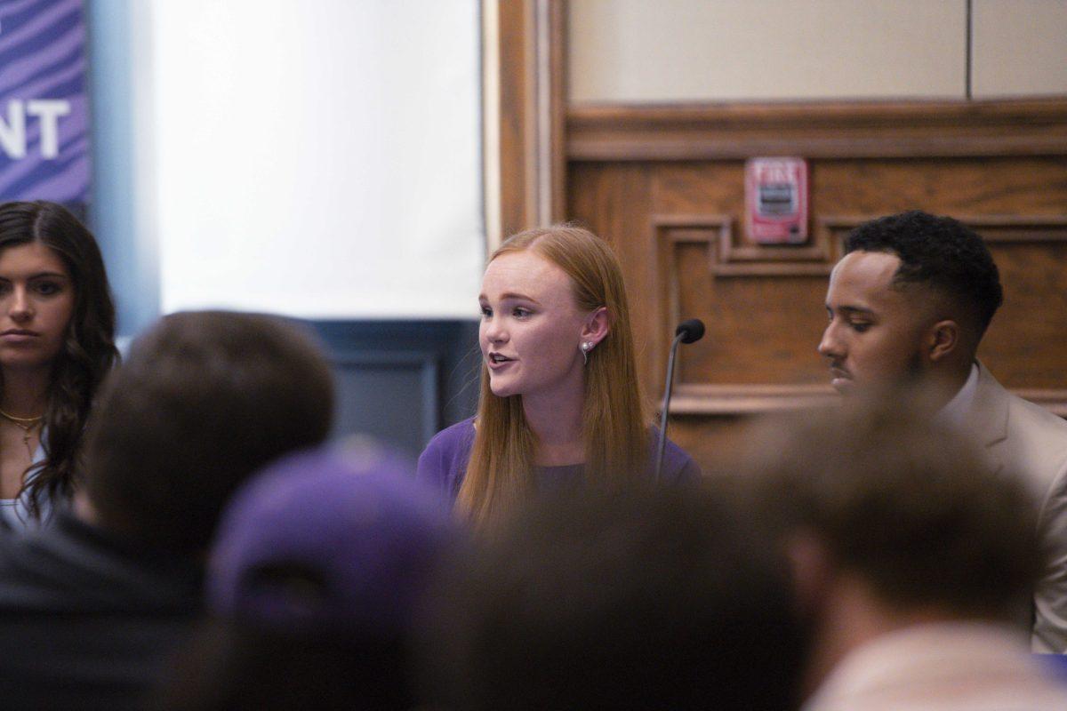 LSU student government Evolve presidential candidate Lizzie Shaw speaks Thursday, March 24, 2022, at the Student Government debate in the Journalism Building on LSU&#8217;s campus in Baton Rouge, LA.