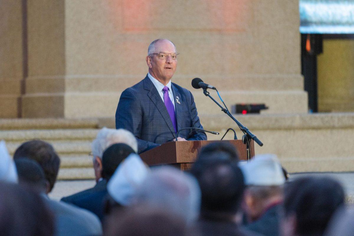 Governor John Bel Edwards makes the closing remarks on Thursday, April 7, 2022, during the LSU Memorial Tower Museum ceremony on Tower Drive in Baton Rouge, La.