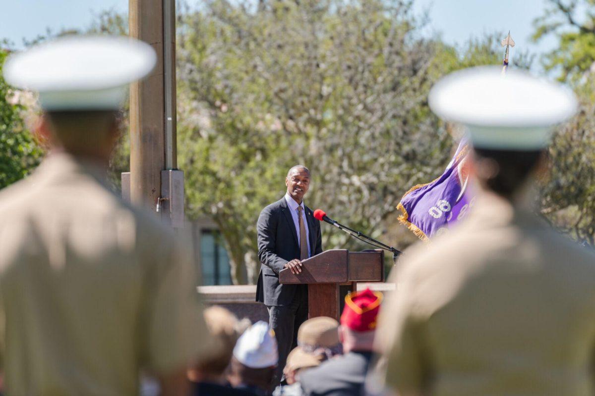 President Tate speaks on Thursday, April 7, 2022, at the change of command ceremony on the LSU Parade Ground on Highland Road in Baton Rouge, La.