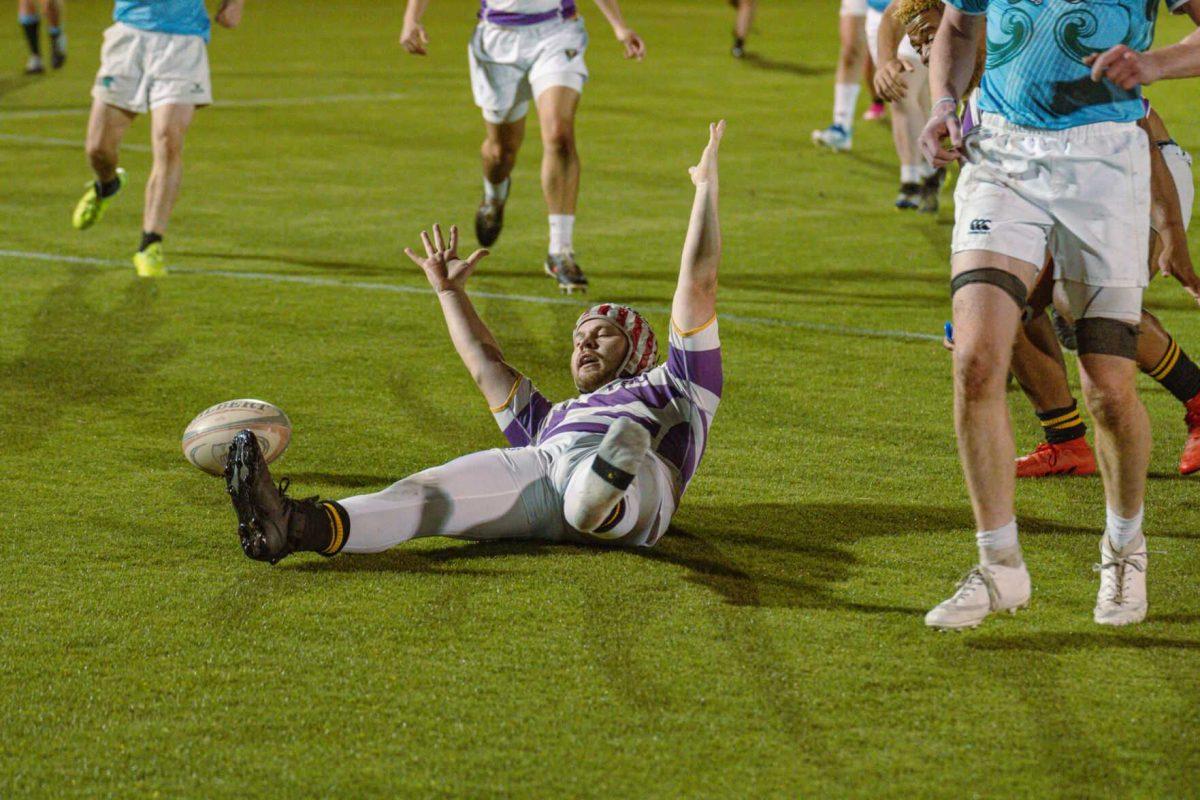 LSU Rugby hooker John Salyer celebrates scoring a try on Friday, April 8, 2022, during LSU&#8217;s 89-0 win over Tulane at the UREC Fields on Gourrier Avenue in Baton Rouge, La.