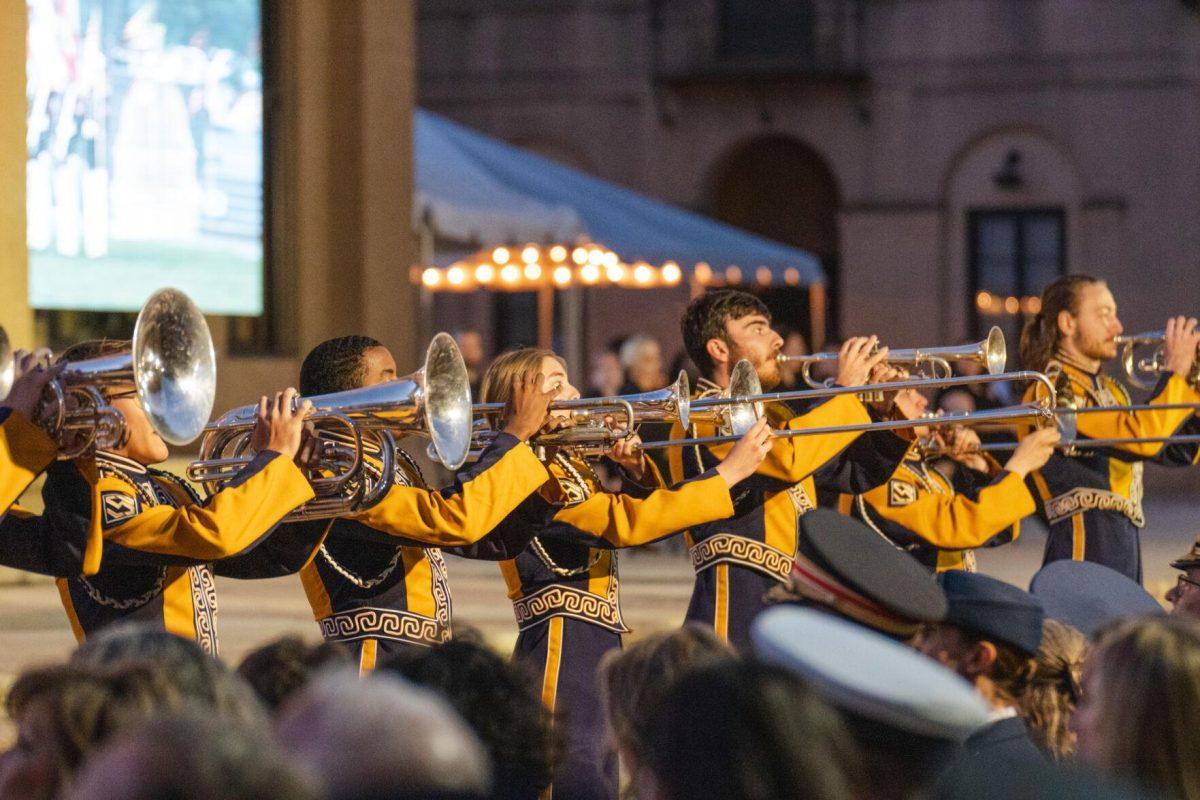 The band plays a final song on Thursday, April 7, 2022, during the LSU Memorial Tower Museum ceremony on Tower Drive in Baton Rouge, La.