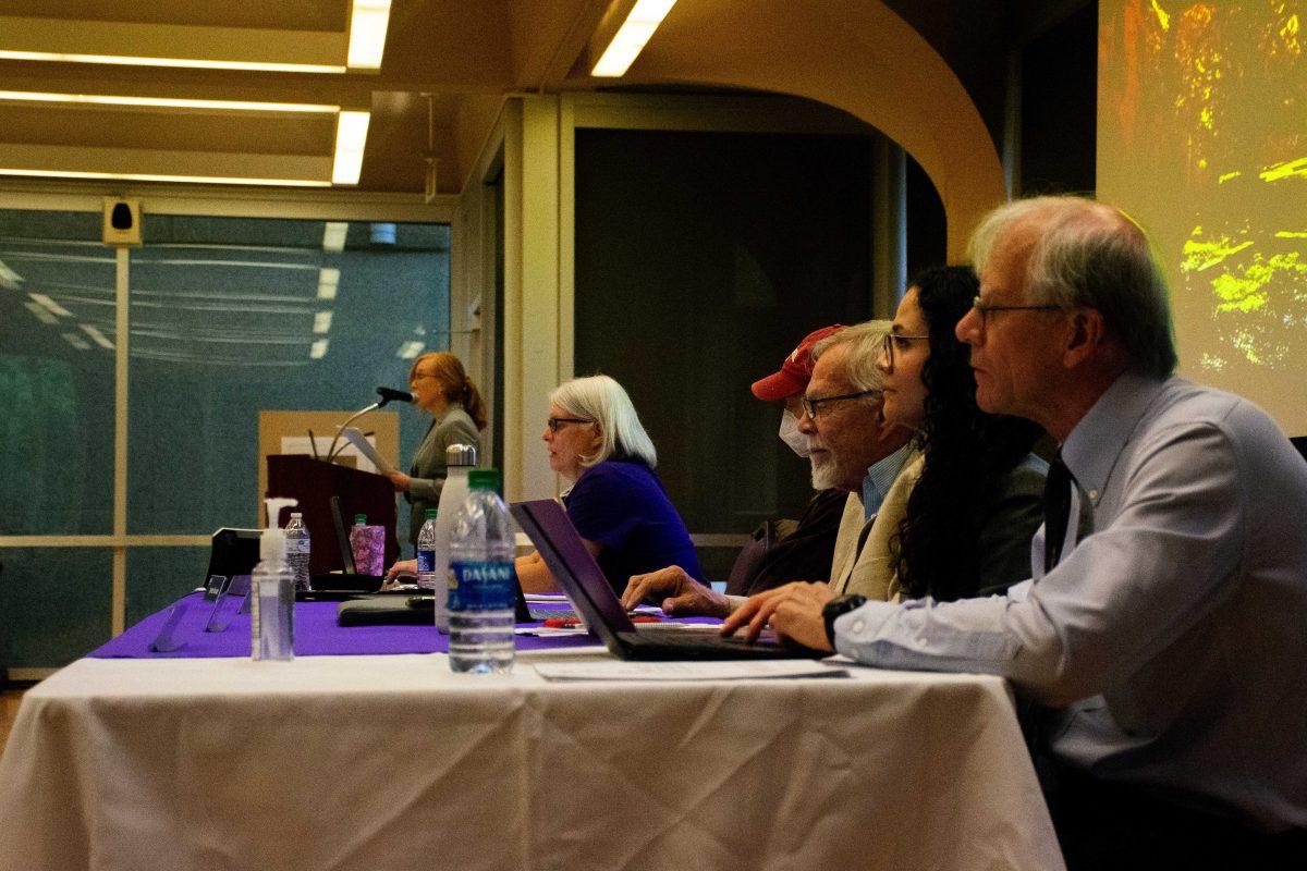 Faculty Senate members sit as Senate President Mandi Lopez speaks at a meeting on Monday, April 25.