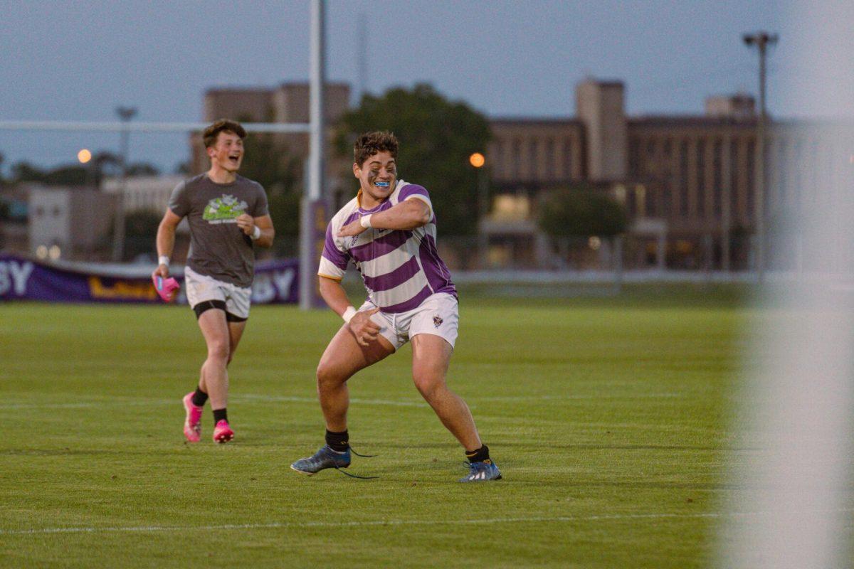 LSU Rugby prop Sam Vallejos celebrates after scoring a try on Friday, April 8, 2022, during LSU&#8217;s 89-0 win over Tulane at the UREC Fields on Gourrier Avenue in Baton Rouge, La.