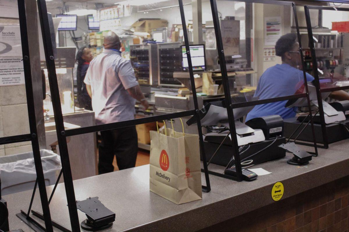 A brown paper McDonald's bag awaits to be picked up off the counter on Friday, April 8, 2022, at the LSU Student Union in Baton Rouge, La.