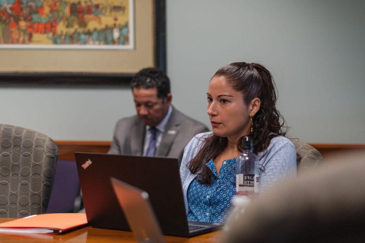 A lawyer present at the meeting listens to the discussion on Wednesday, April 20, 2022, inside the LSU Student Union on Highland Road in Baton Rouge, La.