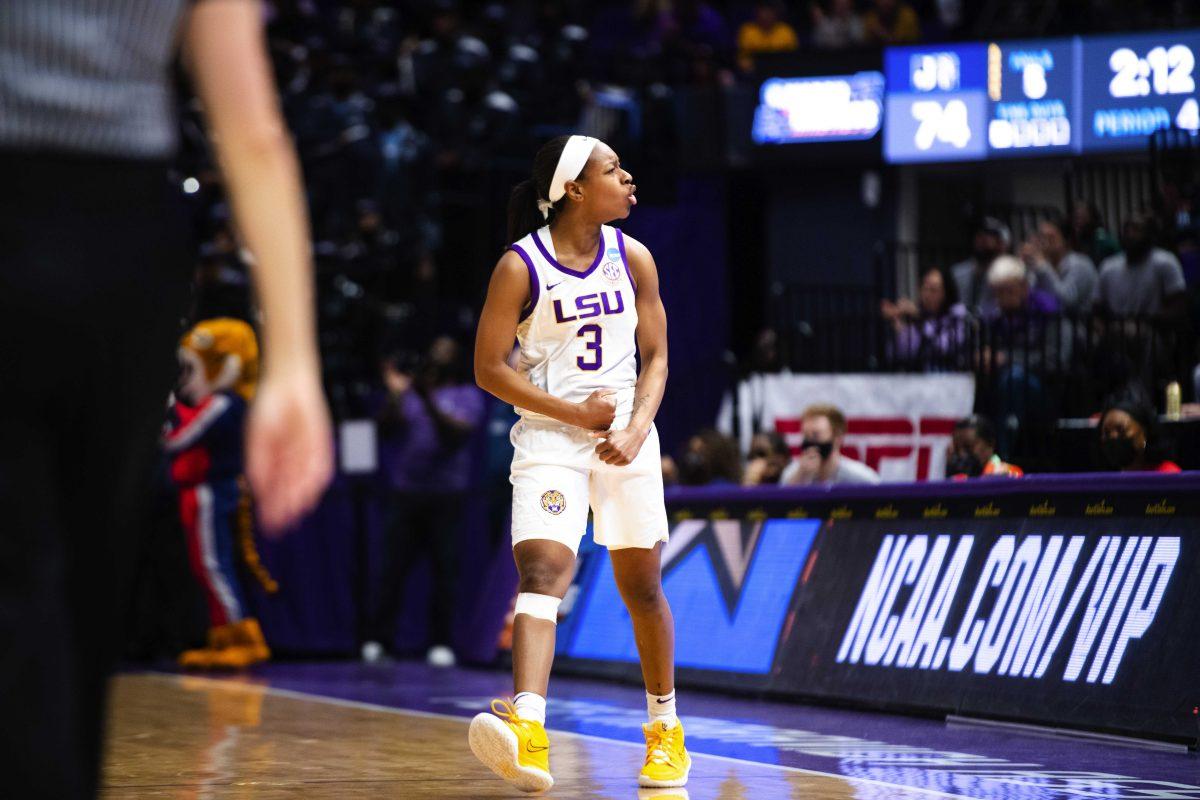 LSU women&#8217;s basketball graduate student guard Khayla Pointer (3) gets hyped up with the crowd Saturday, March 19, 2022, during LSU&#8217;s 83-77 win against Jackson State in the first round of the NCAA women&#8217;s basketball tournament in the Pete Maravich Assembly Center on North Stadium Drive in Baton Rouge, La.