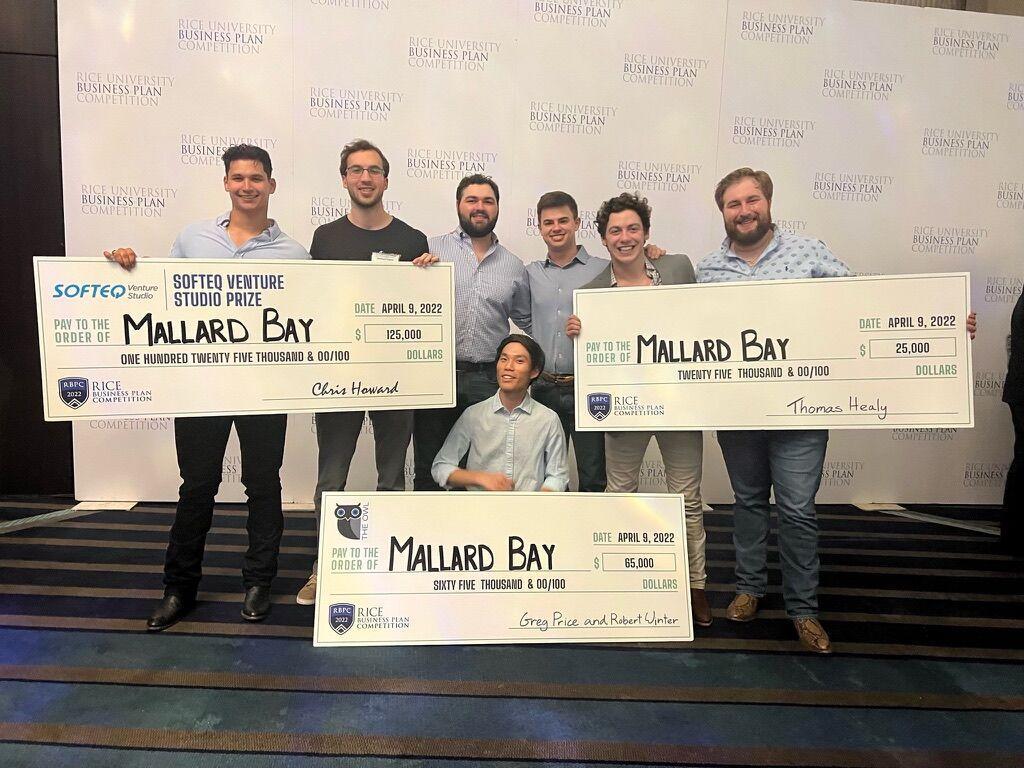 Tech startup company Mallard Bay (left to right) Sales Manager Sergio Sanjuan, Software Developer Matthew Ieyoub, Associate Director of Business Development Peyton Huval, Chief Growth Officer Joel Moreau, Founder and President Logan Meaux, Director of Business Development Wyatt Mallett and (bottom) Chief Technology Officer Tam Nguyen.