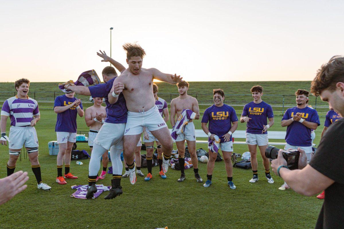 The LSU Rugby team performs their jersey ritual on Friday, April 8, 2022, prior to their match against Tulane at the UREC Fields on Gourrier Avenue in Baton Rouge, La.