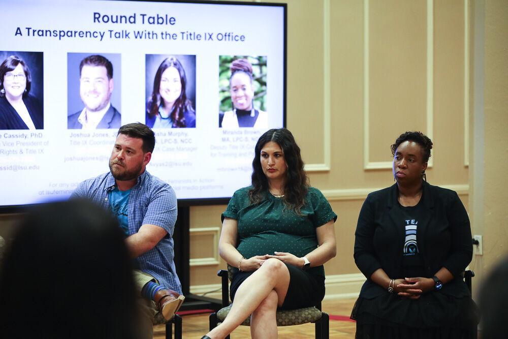 Members of the Title IX Office listen to students ask questions about change on campus Tuesday, April 5, 2022, in the Student Union on LSU&#8217;s campus.