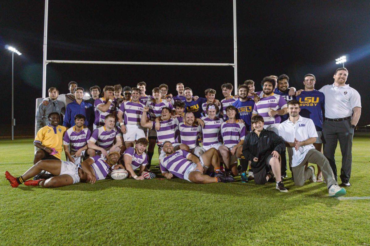 The LSU Rugby team poses for a team photo on Friday, April 8, 2022, after LSU&#8217;s 89-0 win over Tulane at the UREC Fields on Gourrier Avenue in Baton Rouge, La.