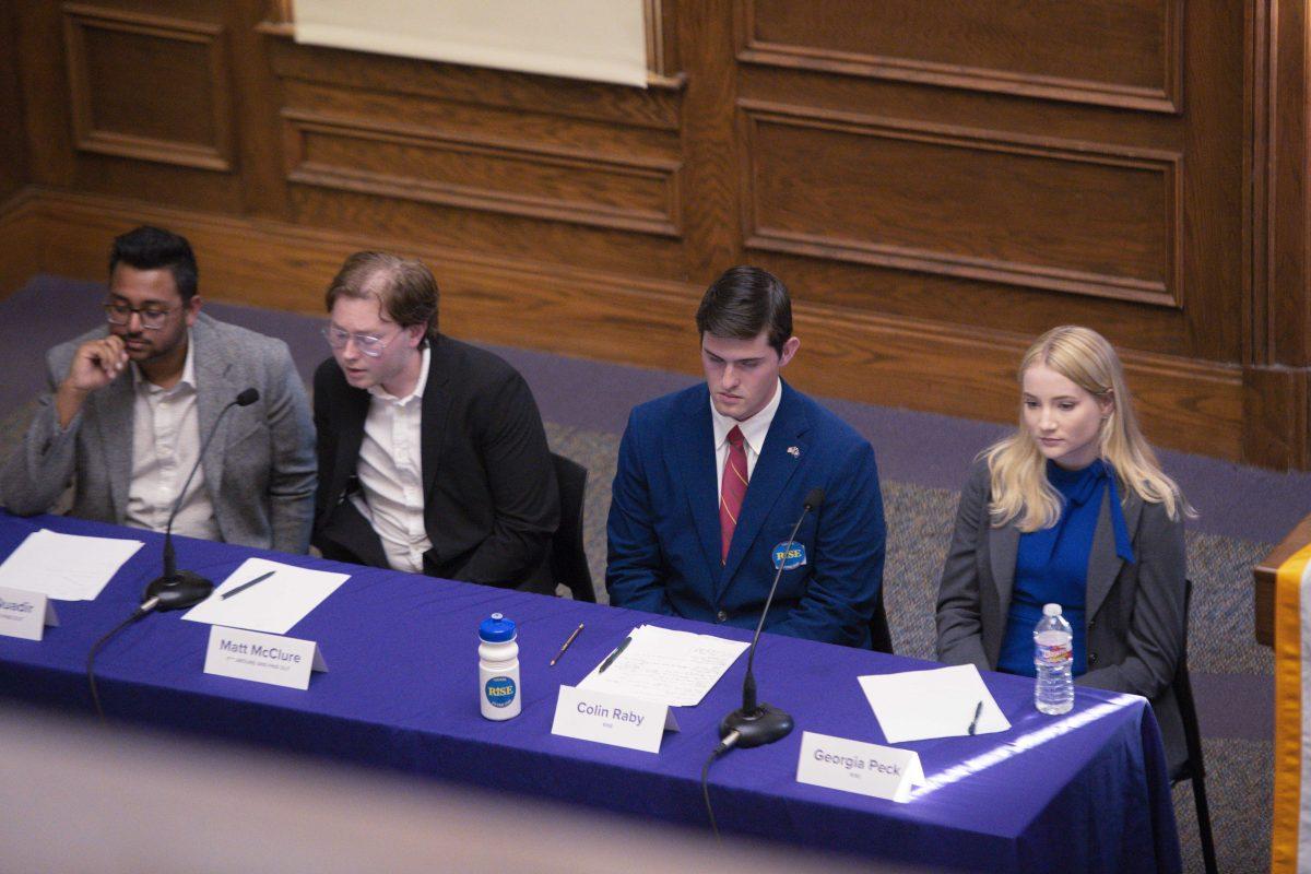 LSU student government F*** Around and Find Out campaign and Rise campaign represent themselves Thursday, March 24, 2022, at the Student Government debate in the Journalism Building on LSU&#8217;s campus in Baton Rouge, LA.