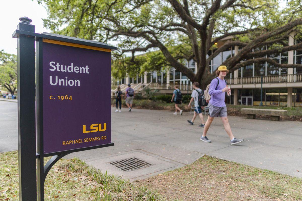 Students stroll in front of the LSU Student Union on Monday, April 11, 2022, on Highland Road in Baton Rouge, La.