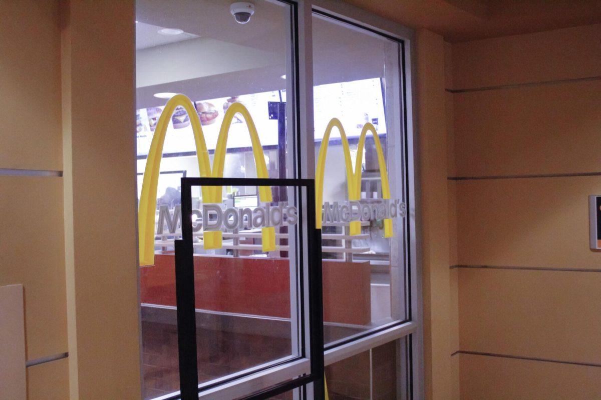 The double McDonald's logo sits in the window on Friday, April 8, 2022, at the LSU Student Union in Baton Rouge, La.