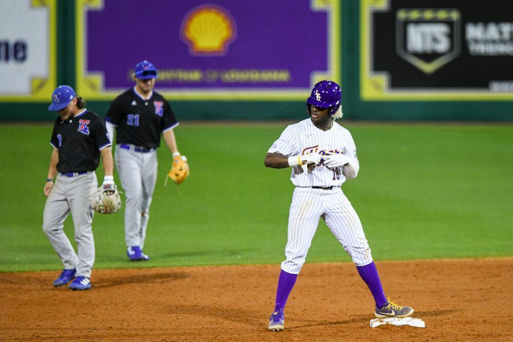 LSU baseball sophomore first baseman Tre Morgan III (18) stands on second base Wednesday, March. 23, 2022 during LSU's 6-7 loss against Louisiana Tech at Alex Box Stadium on Gourrier Avenue in Baton Rouge, La.