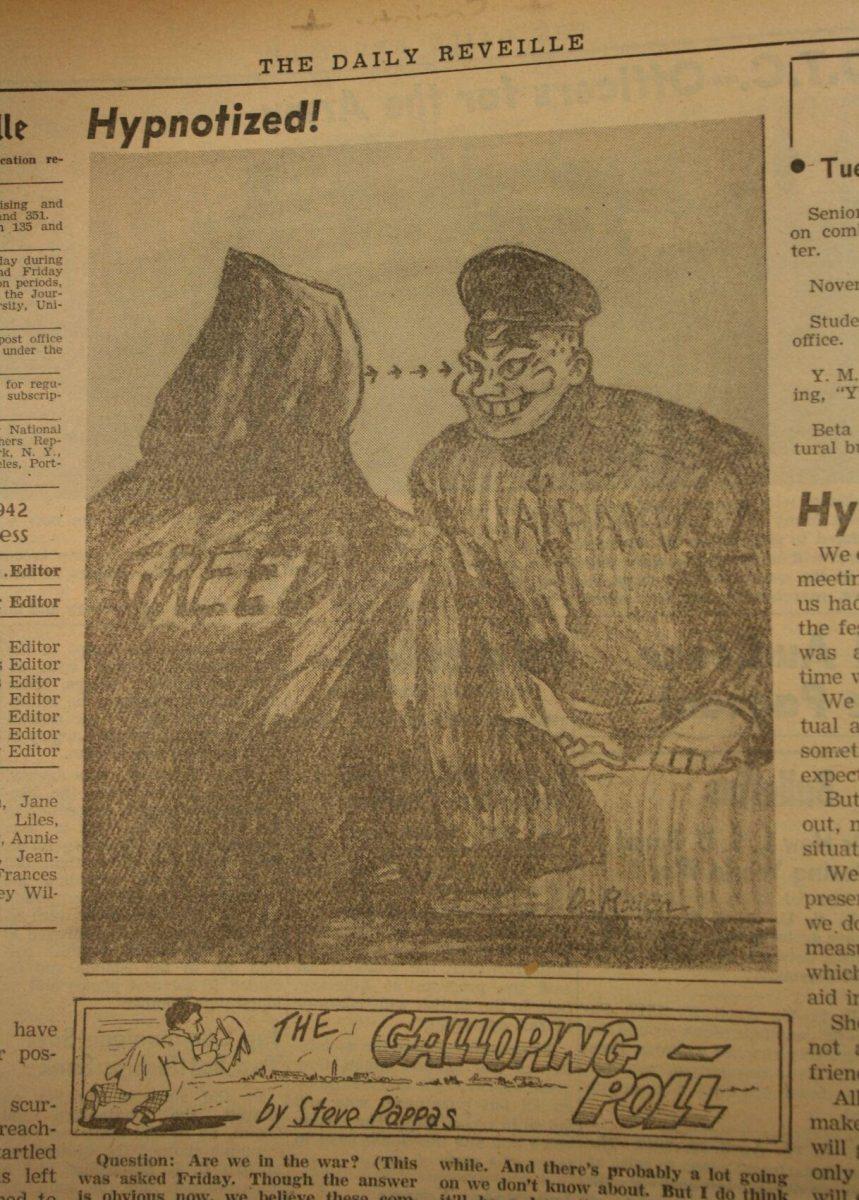 Political cartoon, entitled "Hypnotized!", appears in an issue of the Reveille dated Dec. 9, 1941.