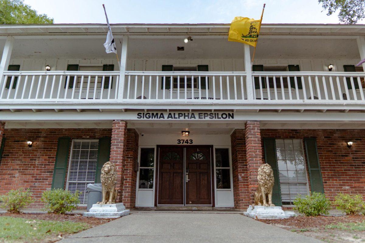 The Sigma Alpha Epsilon house sits in silence on Sunday, April 17, 2022, on West Lakeshore Drive in Baton Rouge, La.