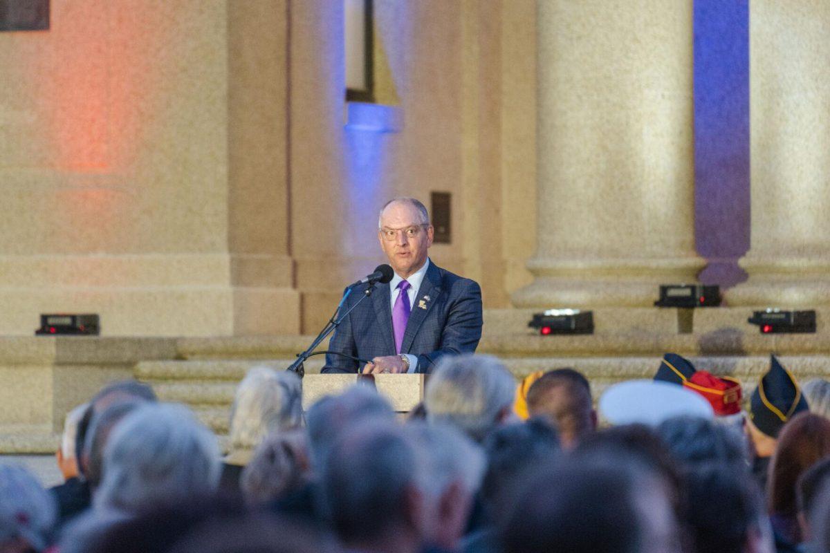 Governor John Bel Edwards makes the closing remarks on Thursday, April 7, 2022, during the LSU Memorial Tower Museum ceremony on Tower Drive in Baton Rouge, La.