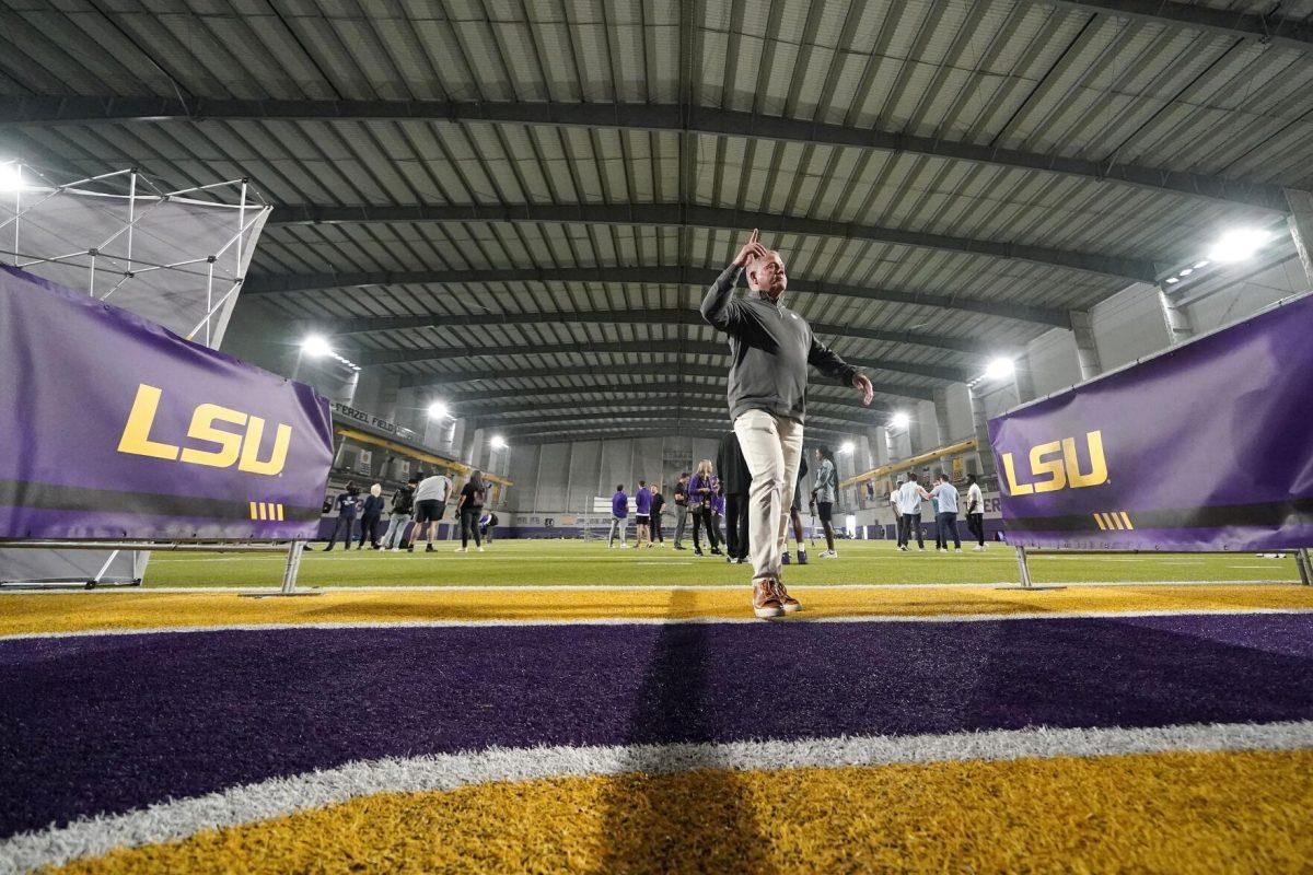 LSU head coach Brian Kelly walks off the field at the conclusion of LSU Pro Day in Baton Rouge, La., Wednesday, April 6, 2022. (AP Photo/Gerald Herbert)