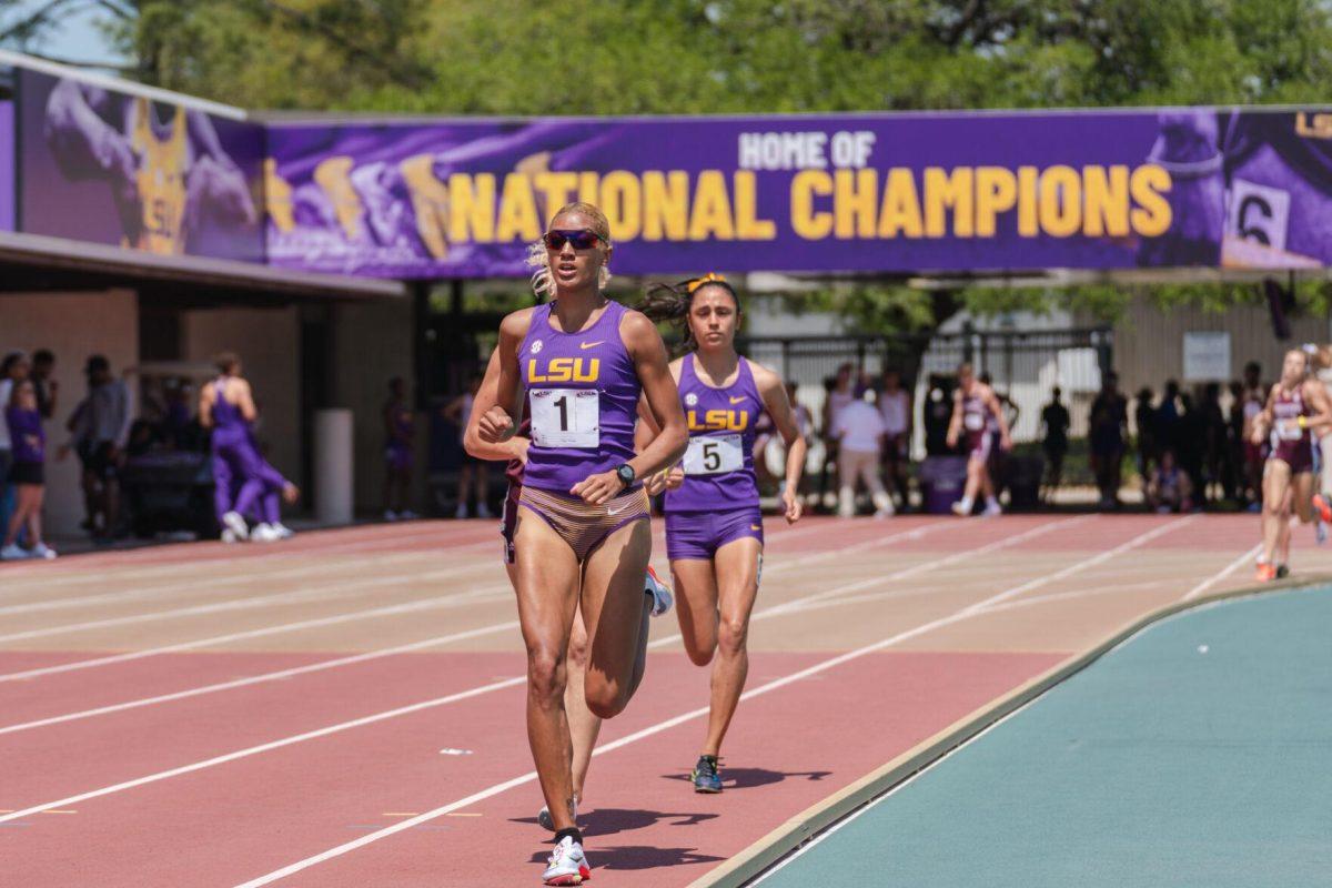 LSU track and field distance junior Katy-Ann McDonald sets the pace on Saturday, April 2, 2022, during the 1500m run at the Battle on the Bayou track meet at Bernie Moore Stadium in Baton Rouge, La.