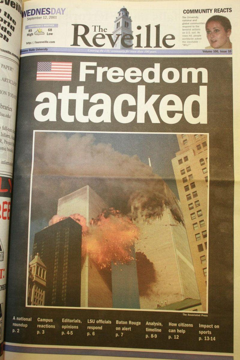 The cover of the Reveille on Sept. 12, 2001, depicting the attacks on the World Trade Center on Sept. 11.