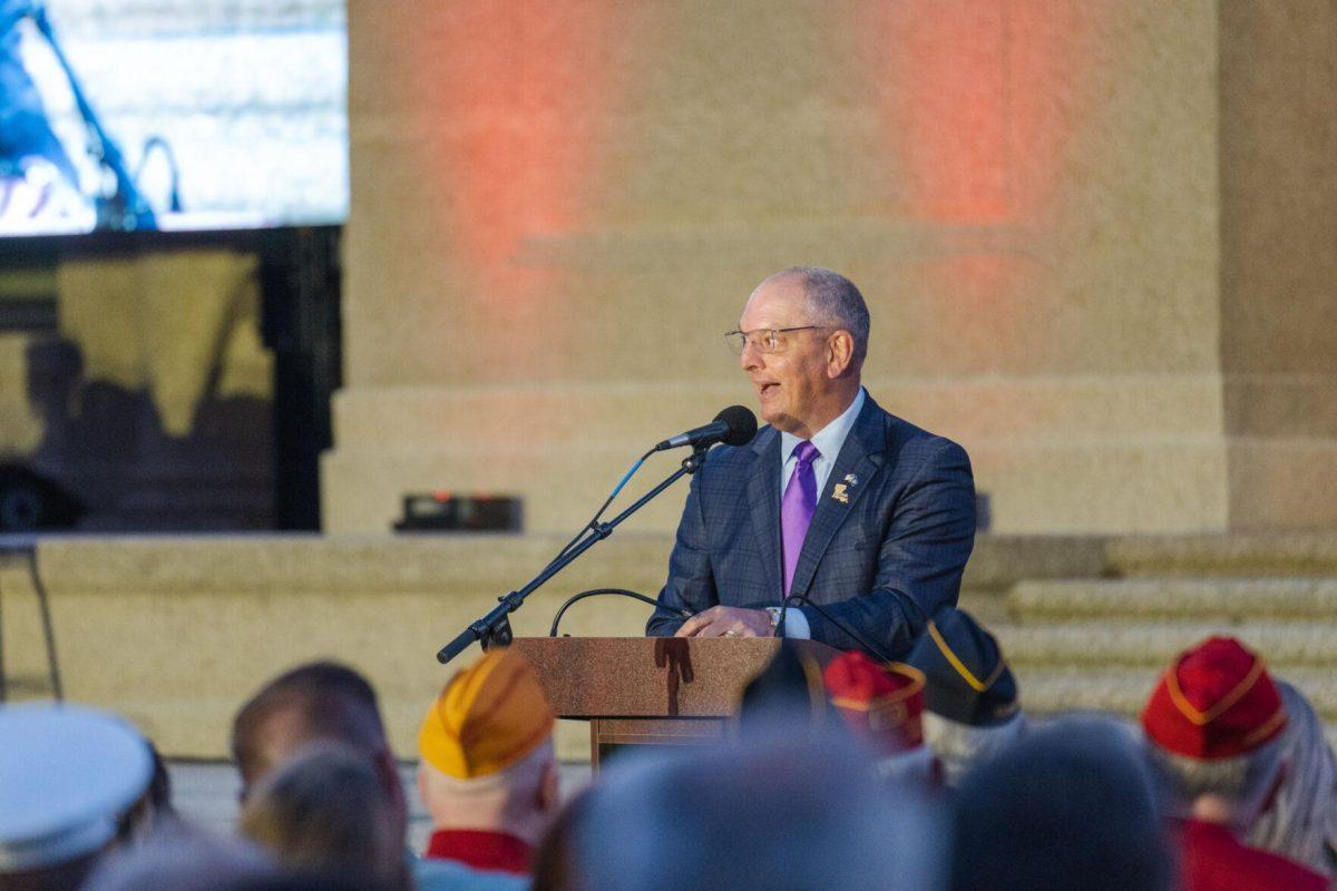 Governor John Bel Edwards makes the closing remarks on Thursday, April 7, 2022, during the LSU Memorial Tower Museum ceremony on Tower Drive in Baton Rouge, La.