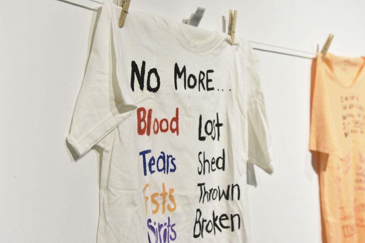 A shirt is displayed Wednesday, April 6, 2022, in the Art Gallery of the LSU Student Union in Baton Rouge, Louisiana.