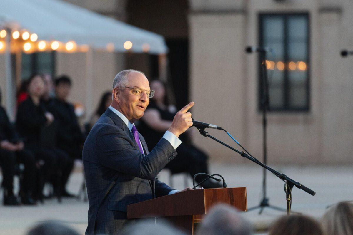 Governor John Bel Edwards makes the closing remarks on Thursday, April 7, 2022, during the LSU Memorial Tower Museum ceremony on Tower Drive in Baton Rouge, La.