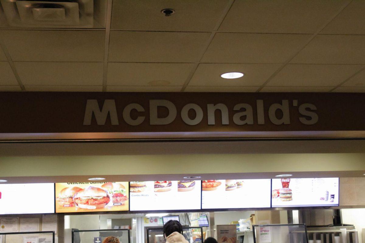 The McDonald's signs sits above on Friday, April 8, 2022, at the LSU Student Union in Baton Rouge, La.