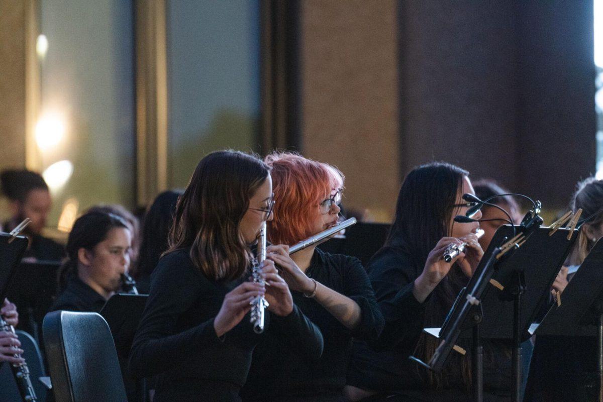 The band plays a final song on Thursday, April 7, 2022, during the LSU Memorial Tower Museum ceremony on Tower Drive in Baton Rouge, La.