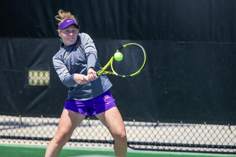 LSU women&#8217;s tennis graduate student Mia Rabinowitz returns the ball with a backhand Friday, April 8, 2022, during LSU&#8217;s 7-0 loss against Texas A&amp;M in the LSU Tennis Complex on Gourrier Avenue in Baton Rouge.