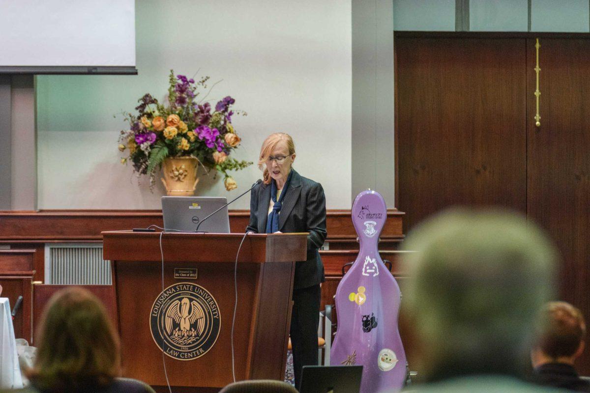 LSU Faculty Senate President Mandi Lopez makes her opening remarks on Thursday, March 24, 2022, inside the LSU Law Center on Highland Road in Baton Rouge, La.