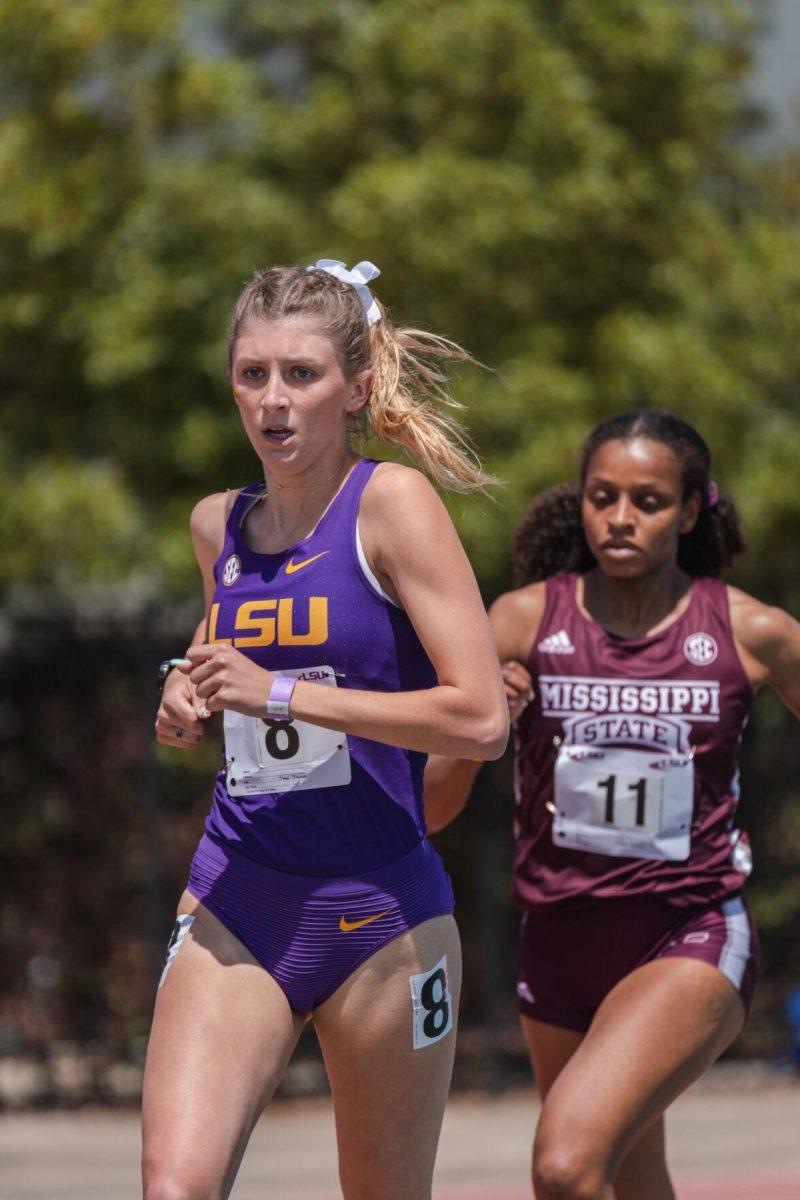 LSU track and field distance freshman Callie Hardy runs hard on Saturday, April 2, 2022, during the 1500m run at the Battle on the Bayou track meet at Bernie Moore Stadium in Baton Rouge, La.