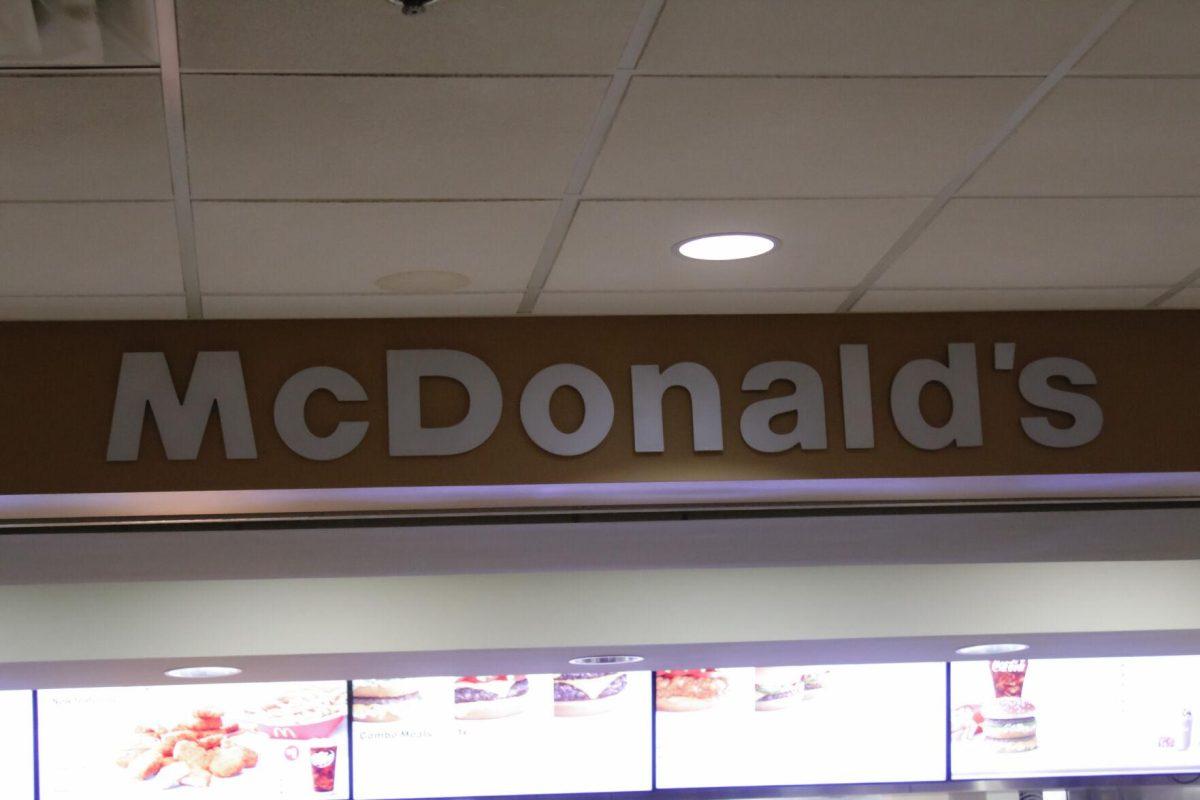 The McDonald's signs sits above on Friday, April 8, 2022, at the LSU Student Union in Baton Rouge, La.