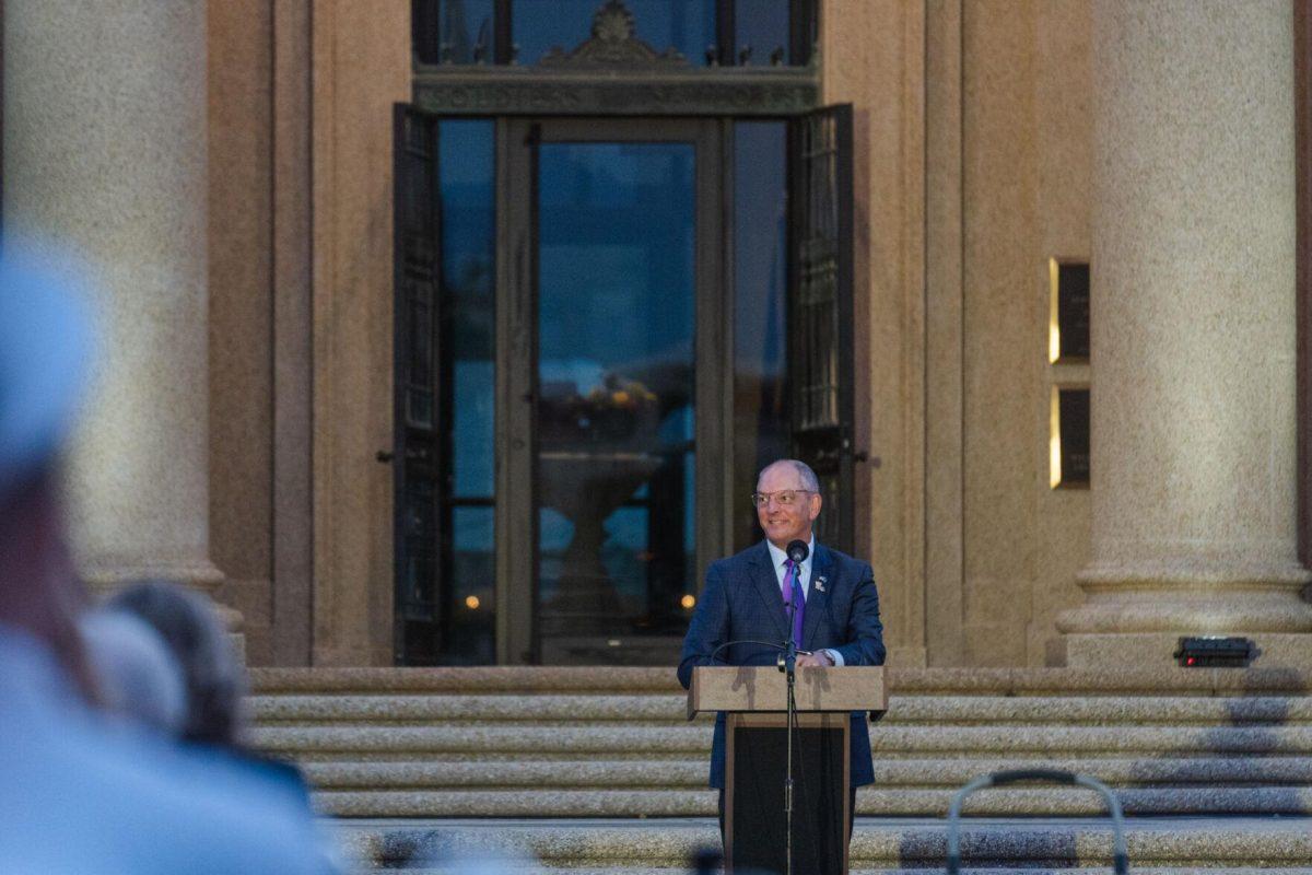 Governor John Bel Edwards makes the closing remarks on Thursday, April 7, 2022, during the LSU Memorial Tower Museum ceremony on Tower Drive in Baton Rouge, La.