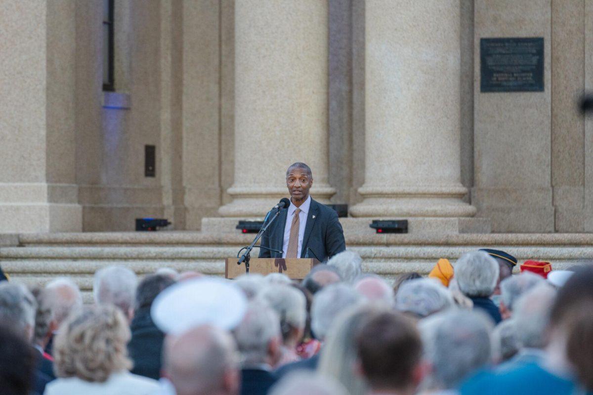 President Tate speaks on Thursday, April 7, 2022, during the LSU Memorial Tower Museum ceremony on Tower Drive in Baton Rouge, La.