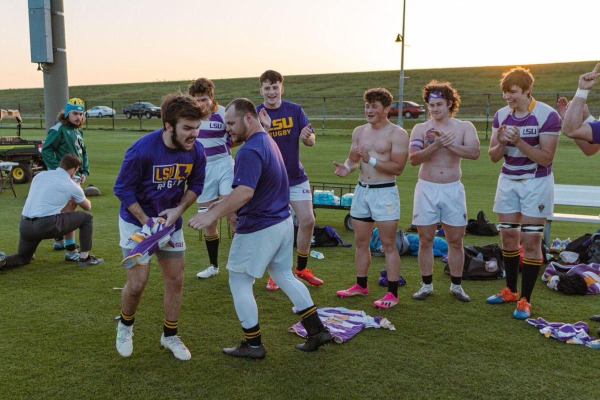 The LSU Rugby team performs their jersey ritual on Friday, April 8, 2022, prior to their match against Tulane at the UREC Fields on Gourrier Avenue in Baton Rouge, La.