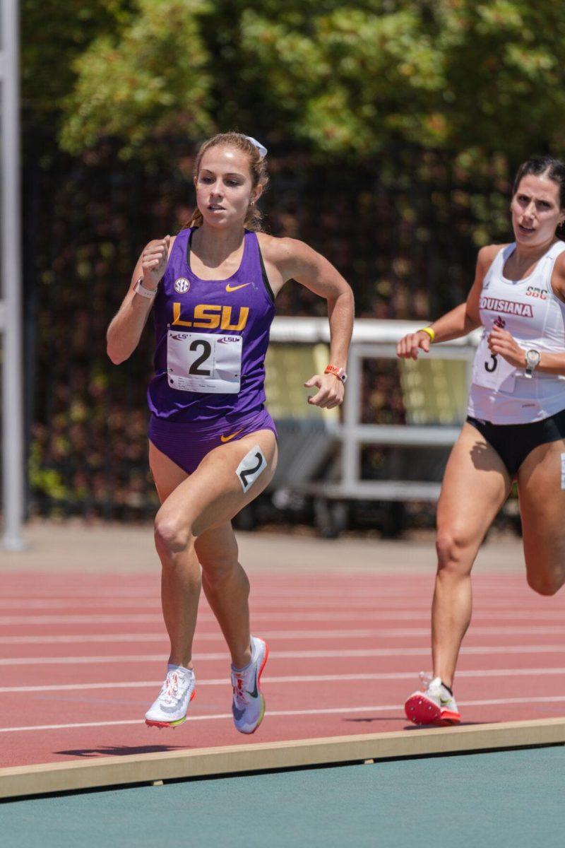 LSU track and field distance graduate student Alicia Stamey turns on the jets on Saturday, April 2, 2022, during the 1500m run at the Battle on the Bayou track meet at Bernie Moore Stadium in Baton Rouge, La.