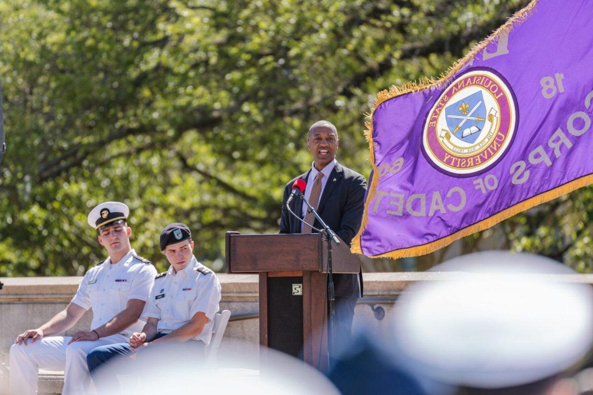 President Tate makes some remarks on Thursday, April 7, 2022, at the change of command ceremony on the LSU Parade Ground on Highland Road in Baton Rouge, La.