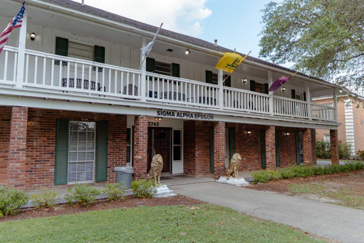 The Sigma Alpha Epsilon house sits in silence on Sunday, April 17, 2022, on West Lakeshore Drive in Baton Rouge, La.