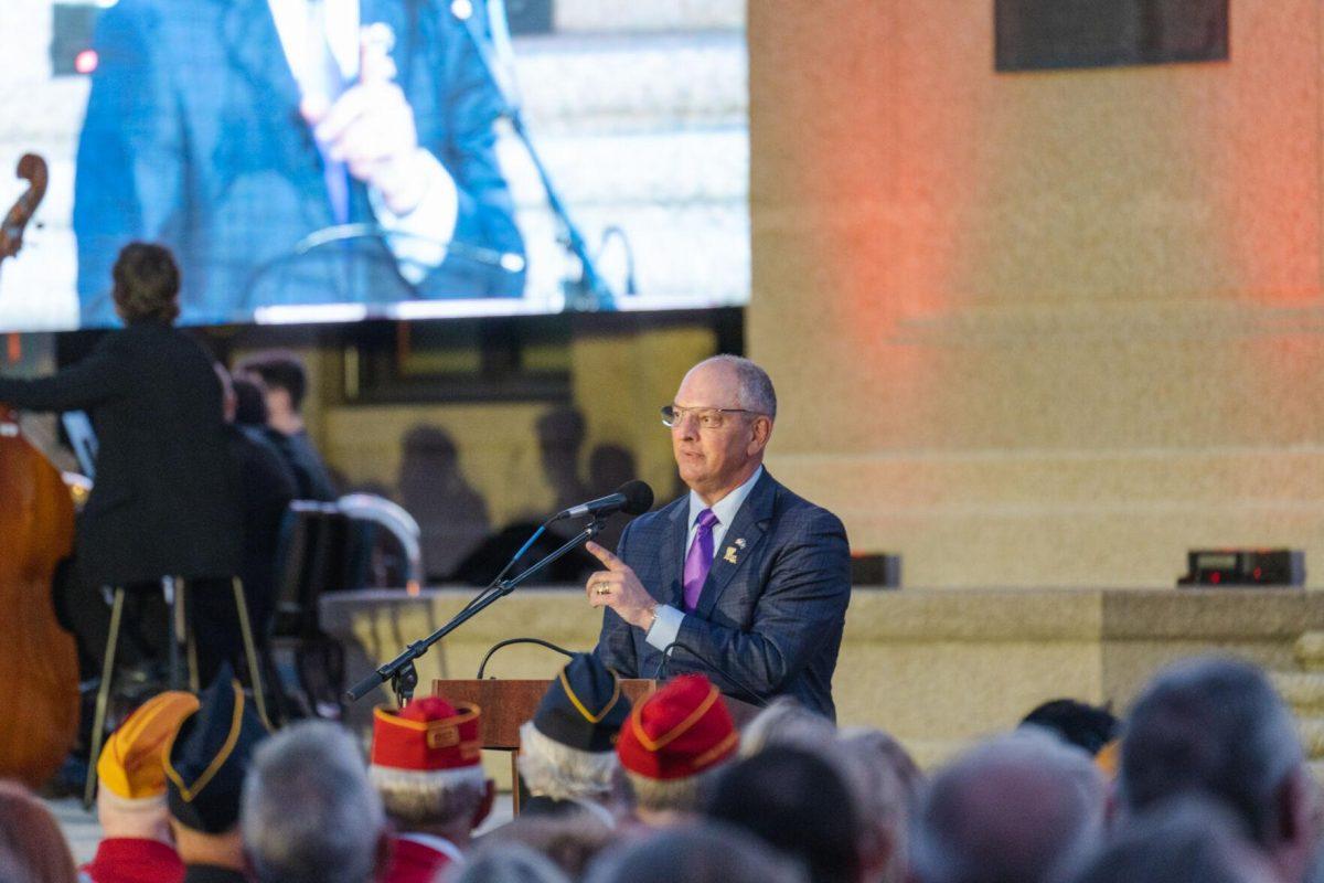 Governor John Bel Edwards makes the closing remarks on Thursday, April 7, 2022, during the LSU Memorial Tower Museum ceremony on Tower Drive in Baton Rouge, La.