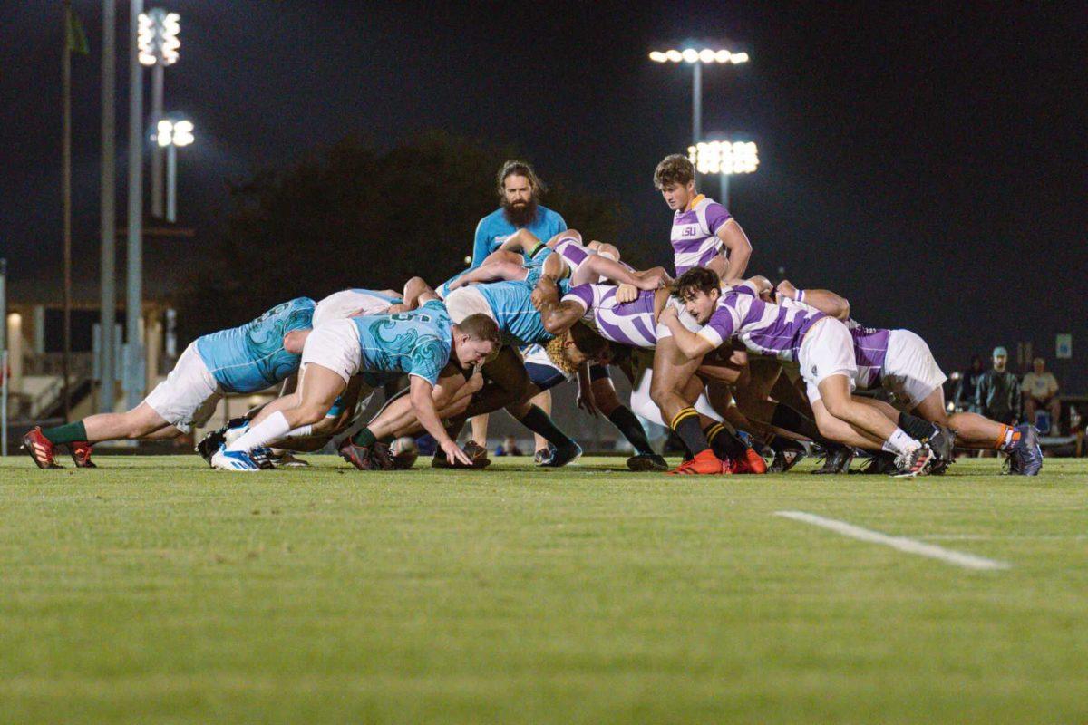 The LSU Rugby team performs a pushover try on Friday, April 8, 2022, during LSU&#8217;s 89-0 win over Tulane at the UREC Fields on Gourrier Avenue in Baton Rouge, La.