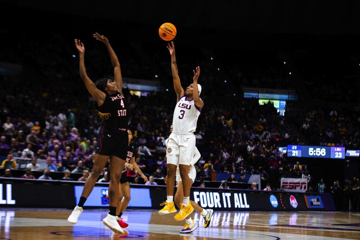 LSU women&#8217;s basketball graduate student guard Khayla Pointer (3) releases the ball Saturday, March 19, 2022, during LSU&#8217;s 83-77 win against Jackson State in the first round of the NCAA women&#8217;s basketball tournament in the Pete Maravich Assembly Center on North Stadium Drive in Baton Rouge, La.